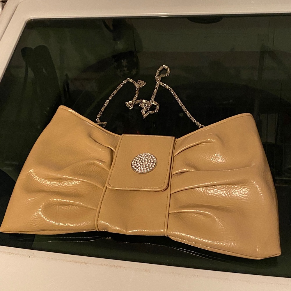 Bijioux Terner Bow Clutch Purse Shoulder Bag Chain Strap Tan Rhinestone Snap VTG